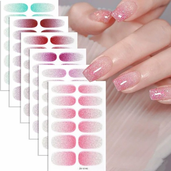 6PCS Full Nail Wraps Gel Nail Stickers Nail Full Wraps Nail Polish Strips Colorful Waterproof Full Cover Gradient Glitter Self-Adhesive Nail Decals Nail Art Supplies for Women Manicure Decoration