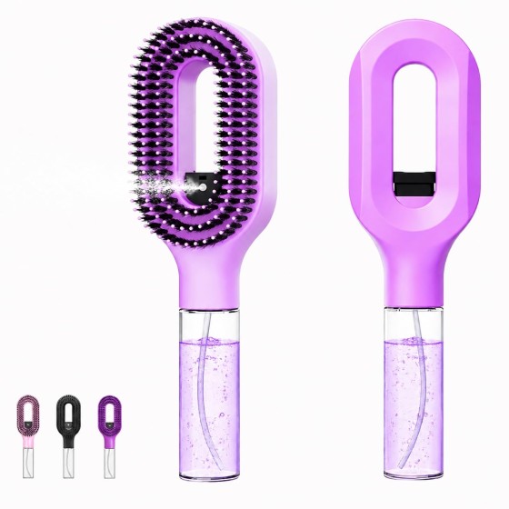 Hair brush with water spray – Spray Air Cushion Detangling Hair Brush with Built-In Water Spray for Wet & Dry Hair Styling – Eliminate Frizz for Smooth Hair (Purple)