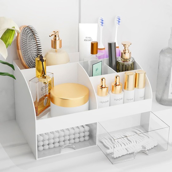 Makeup Organizer with Drawers, Cosmetic Storage for Dresser Vanity and Bathroom Countertop, Beauty Holder for Lipstick Brush, Skincare Organizer for Vanity, Cosmetic Display Case