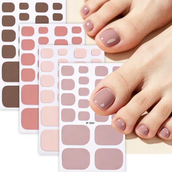 Solid Color Full Nail Wraps Elegant Simple Toe Nail Polish Stickers Nude Pink Toenail Stickers 4Sheets Self-Adhesive Toe Nail Full Cover Decals Supplies for Women Manicure Accessories Decoration