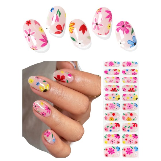 Semi Cured Gel Nail Strips (Cute Flower), 20 Pcs Summer Pink Gel Nail Wraps, Stickers, UV Light Required, Salon Quality, Long Lasting
