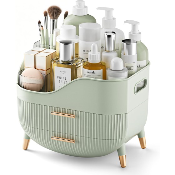 Makeup Organizer with Drawers, Green Skincare Organizer for Vanity, Storage Box with Handle, Large Cosmetic Display Case for Dresser, Bathroom Countertop
