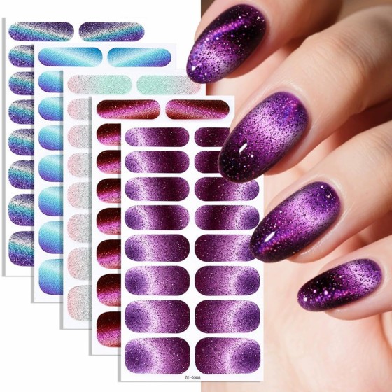 6PCS Full Nail Wraps Gel Nail Stickers Nail Full Wraps Nail Polish Strips Full Cover Pink Purple Blue Nail Glitter Gradient Self-Adhesive Nail Decals Nail Art Supplies for Women Manicure Decoration