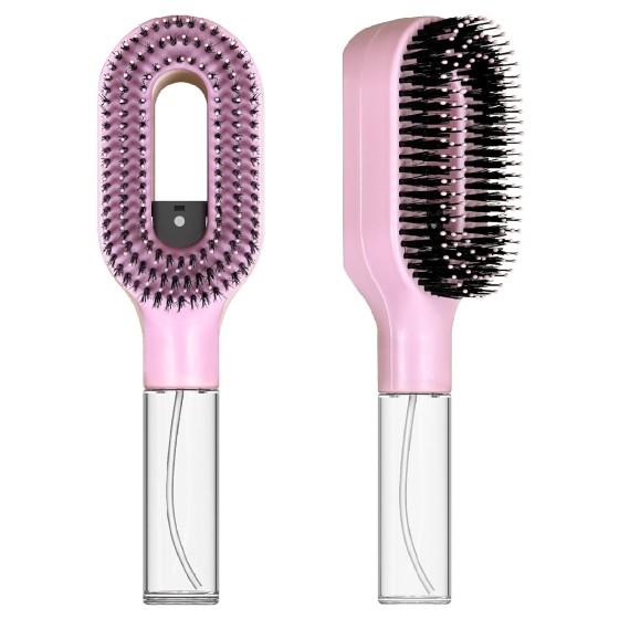 2-in-1 Manual Non-Electric Detangler Hair Brush with Built-In Mister Spray, Wet & Dry Detangling Brush for Curly, Wavy & Straight Hair, No-Tangle Anti-Frizz Brush，Reservoir 50ml.(Pink)