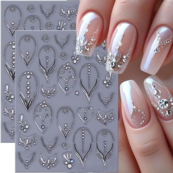 French Nail Stickers for Nail Art 5D Embossed Crystal Nail Decals 2Pcs Silvery Heart Luxury Necklace Geometric Design Self-Adhesive Nail Art Supplies for Women Girls DIY Manicure Nail Decoration