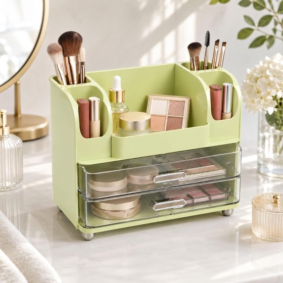 Large Makeup Organizer for Vanity, No Assembly Cosmetic Display Case with 2 Clear Drawers & Brush Holders, 2-in-1 Skincare Storage Box for Bathroom Countertop, Vintage Green