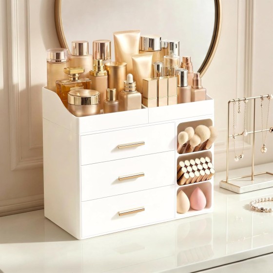 Makeup Organizer Countertop with Brush Holder,Large Bathroom Counter Organizer with Drawers,Skincare Organizers for Vanity,Plastic Dresser Organizer Storage Gift for Women Girl Mom